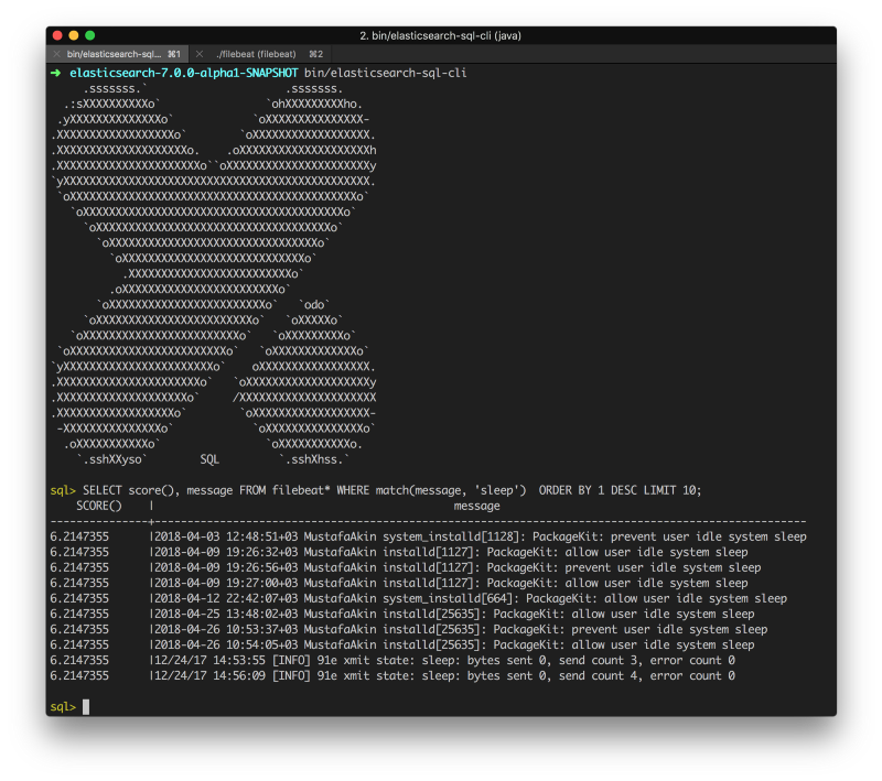 A screenshot from querying Filebeat logs with Command Line SQL Client of Elasticsearch with an ASCII logo of something I do not comprehend.
