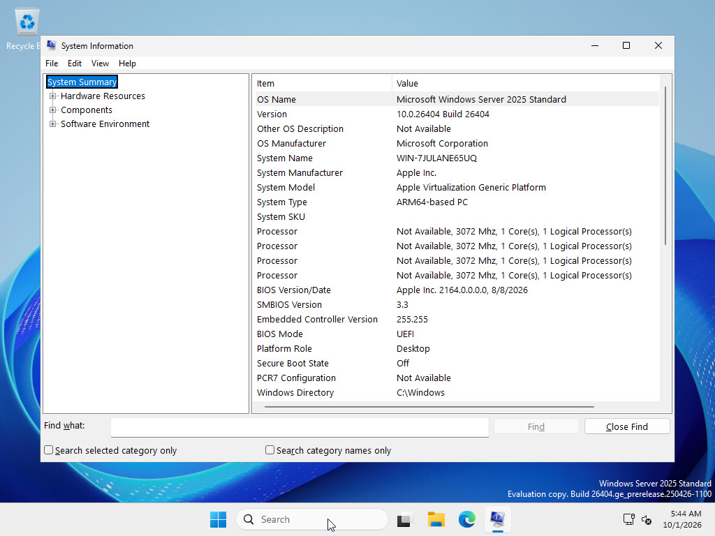 Windows Server 2025 Standard on Apple Virtualization Generic Platform